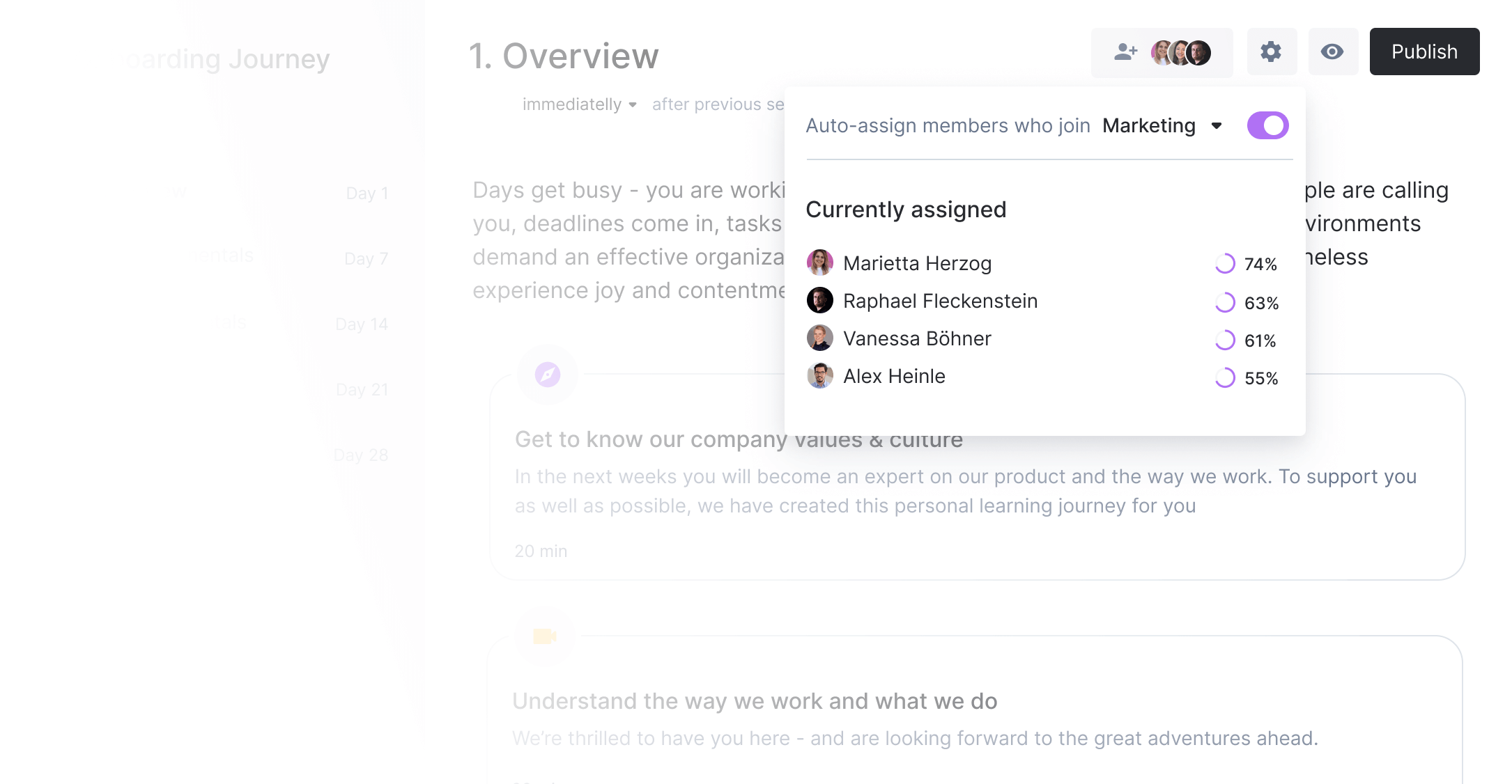 Assigning a journey to an employee to then receive automated reminders. Progress is shown on a new hire level.