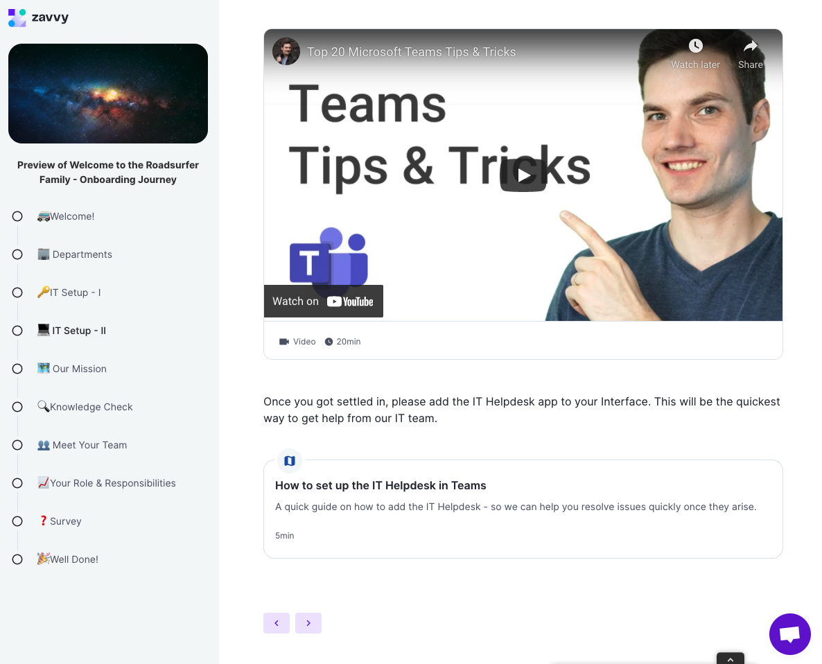 Screenshot of roadsurfer's company onboarding journey. Part: IT Setup and Microsoft Teams