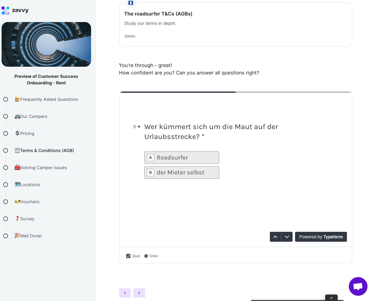 Example of a quiz for the customer success onboarding journey at roadsurfer