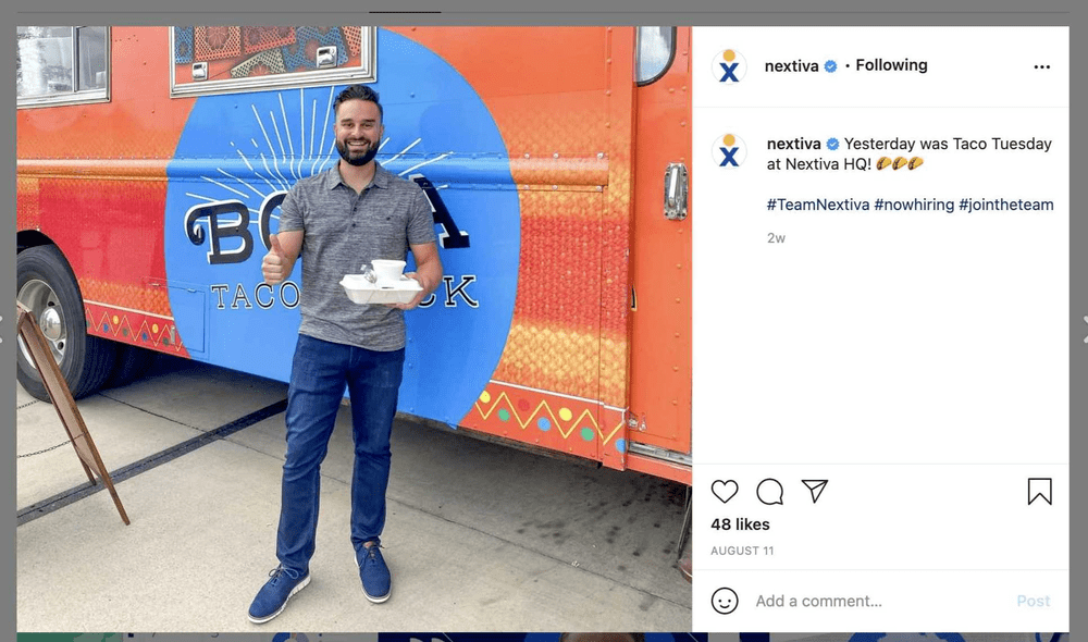 Nextiva posting about their company culture on Instagram.