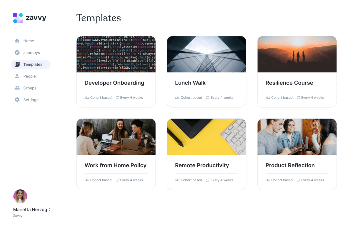 Zavvy template gallery containing programs for onboarding, wellbeing, employee engagement and more