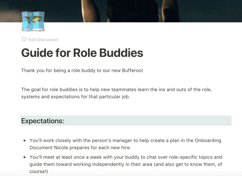An example of the guidance given to role buddies at Buffer. They help new hires get onboarded on their new role, skills, and scorecard.