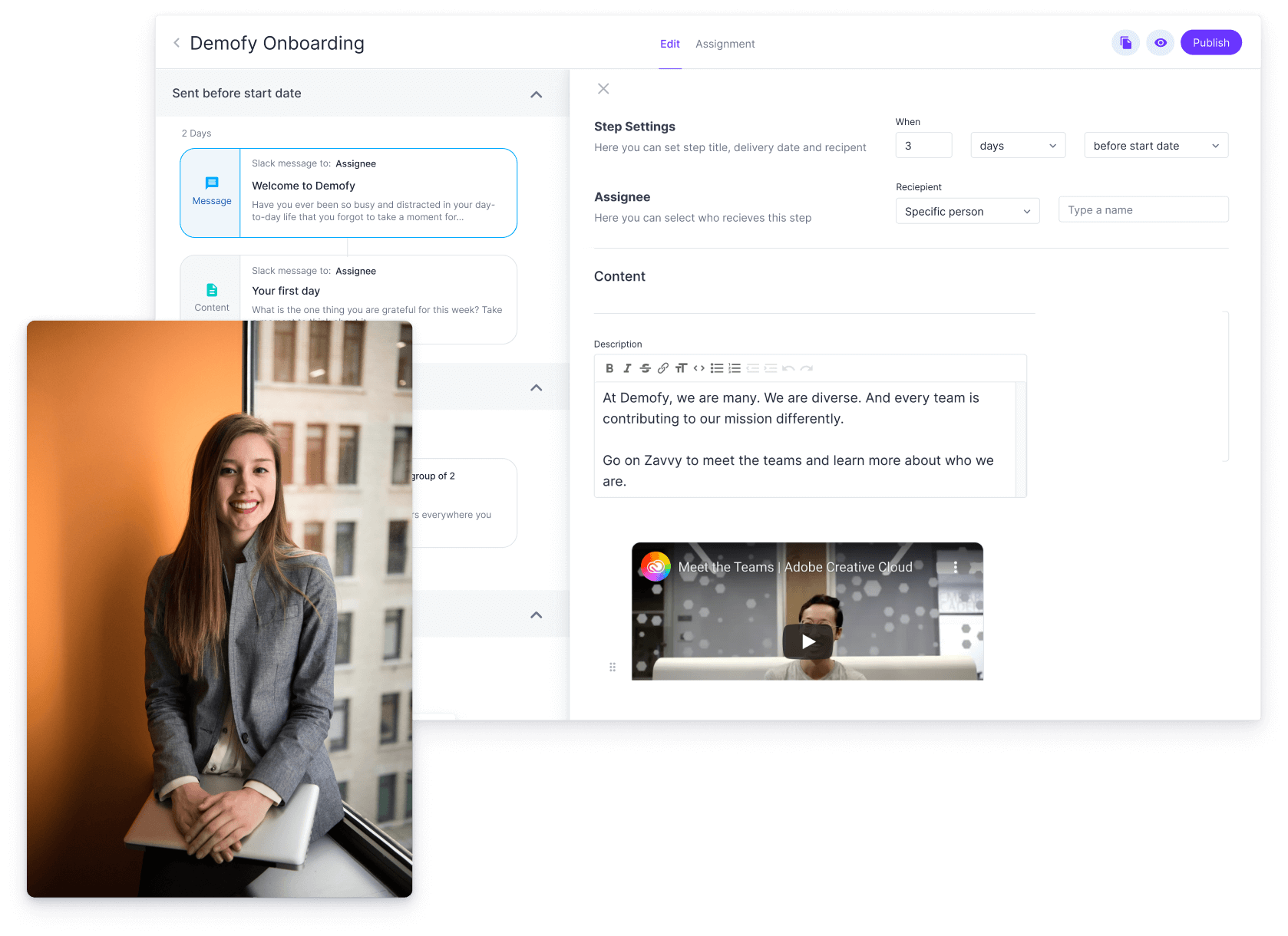 The employee onboarding software's automation capabilities allow for assignment tracking, automated sending out of messages, reminders, matching people with onboarding buddies, feedback collection, and more.