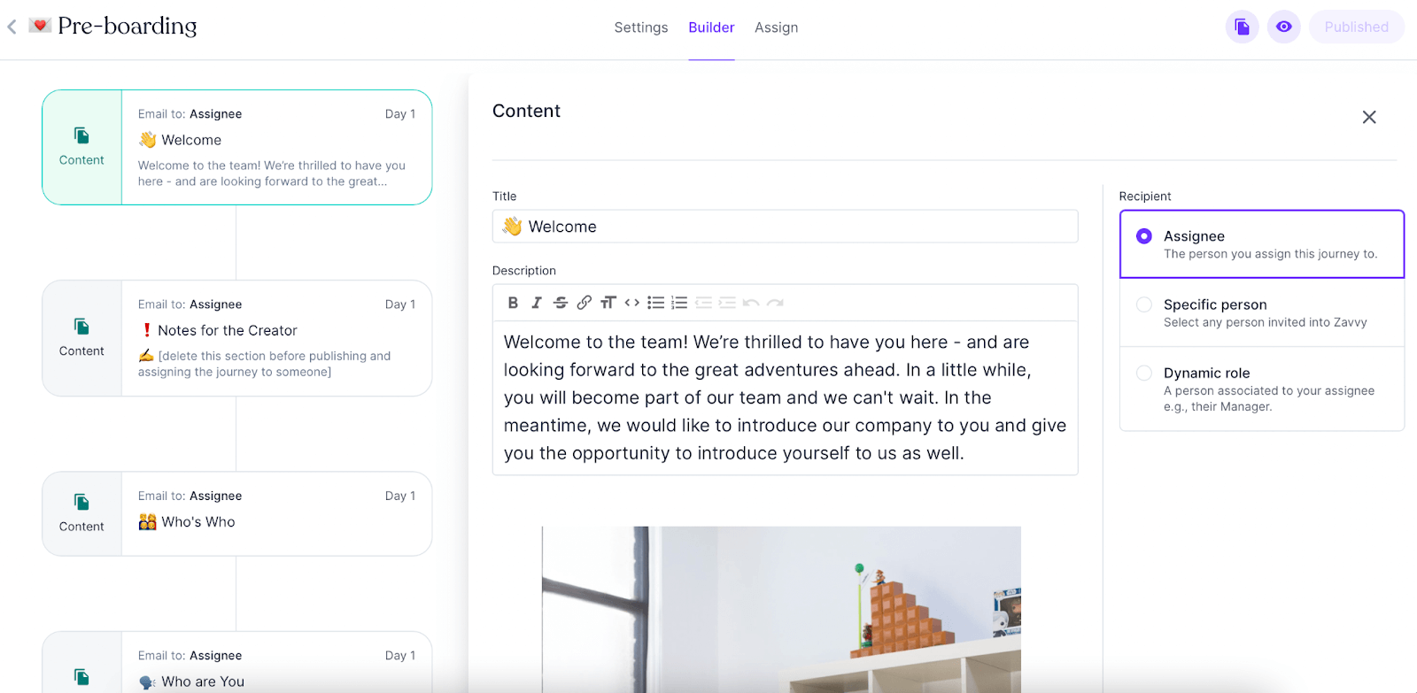 Zavvy's template for preboarding employee