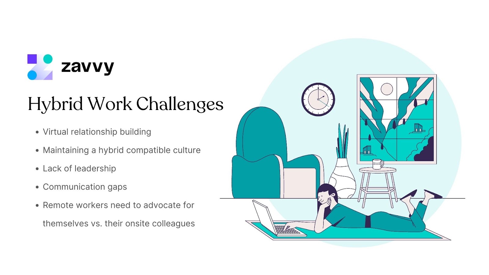 Major hybrid work challenges include relationship building culture, leadership, communication gaps, and advocating