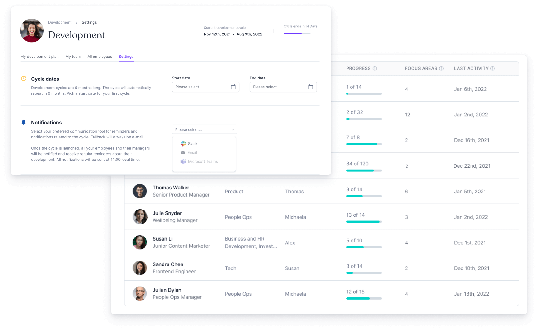 View of Zavvy's development framework settings and progress page