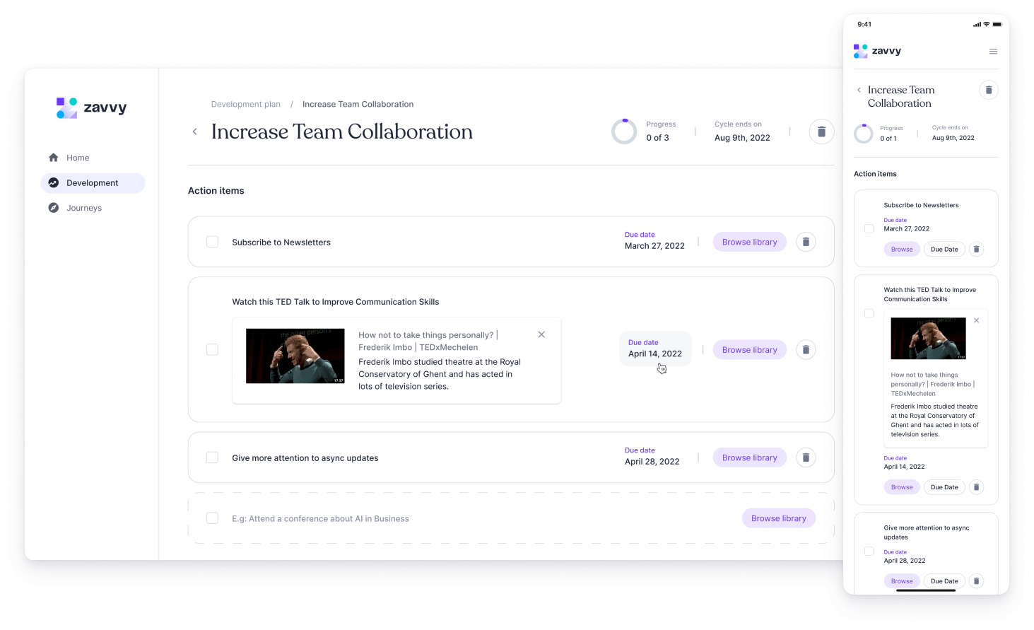 Employee development plans: Desktop and mobile view in the zavvy tool