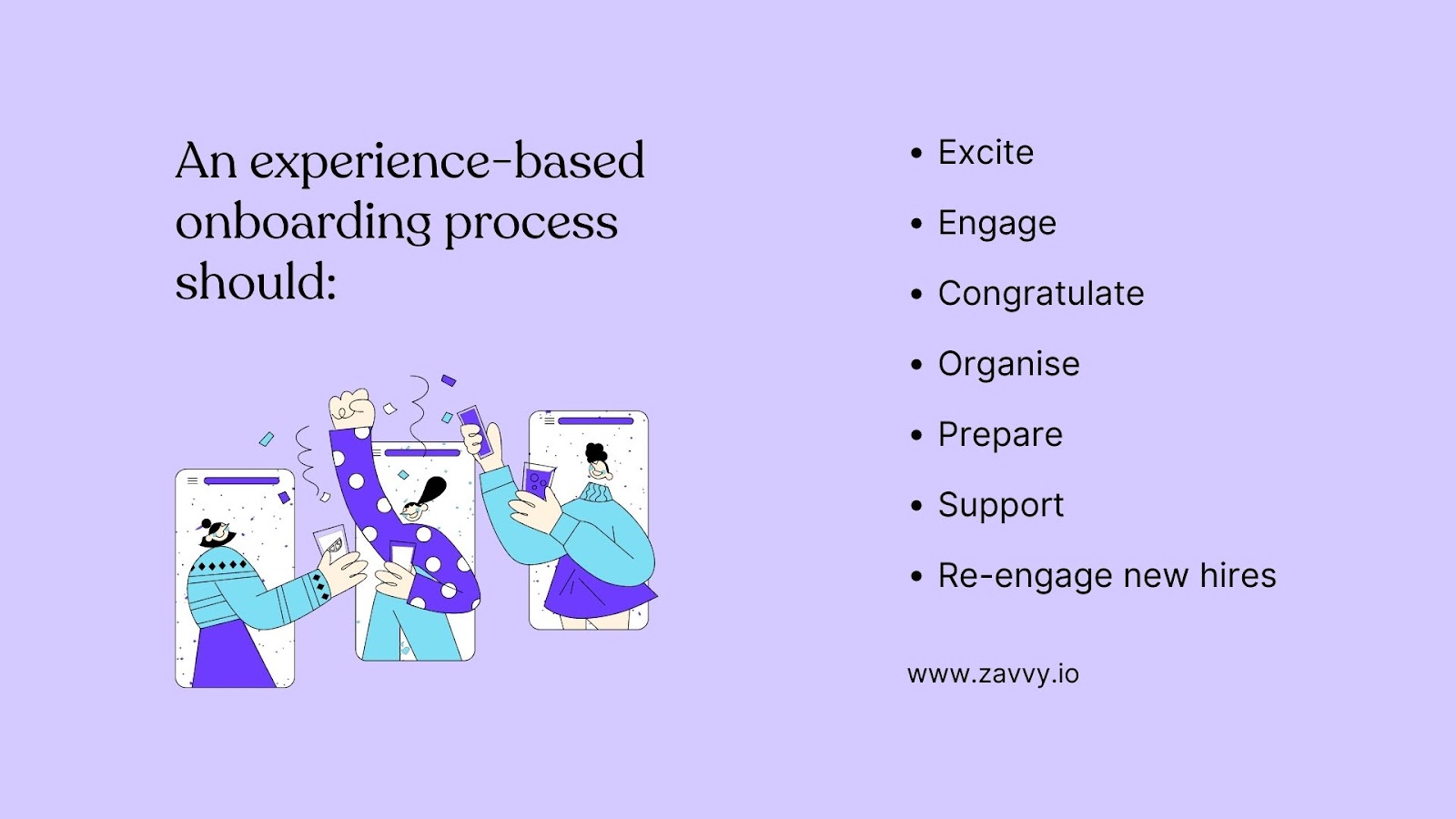 an experience-based onboarding process should excite, engage, congratulate, organise, prepare, support, and re-engage new hires