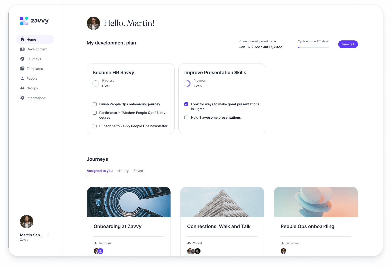 View of Zavvy's Employee Enablement Platform. A software to onboarding, develop, and connect employees