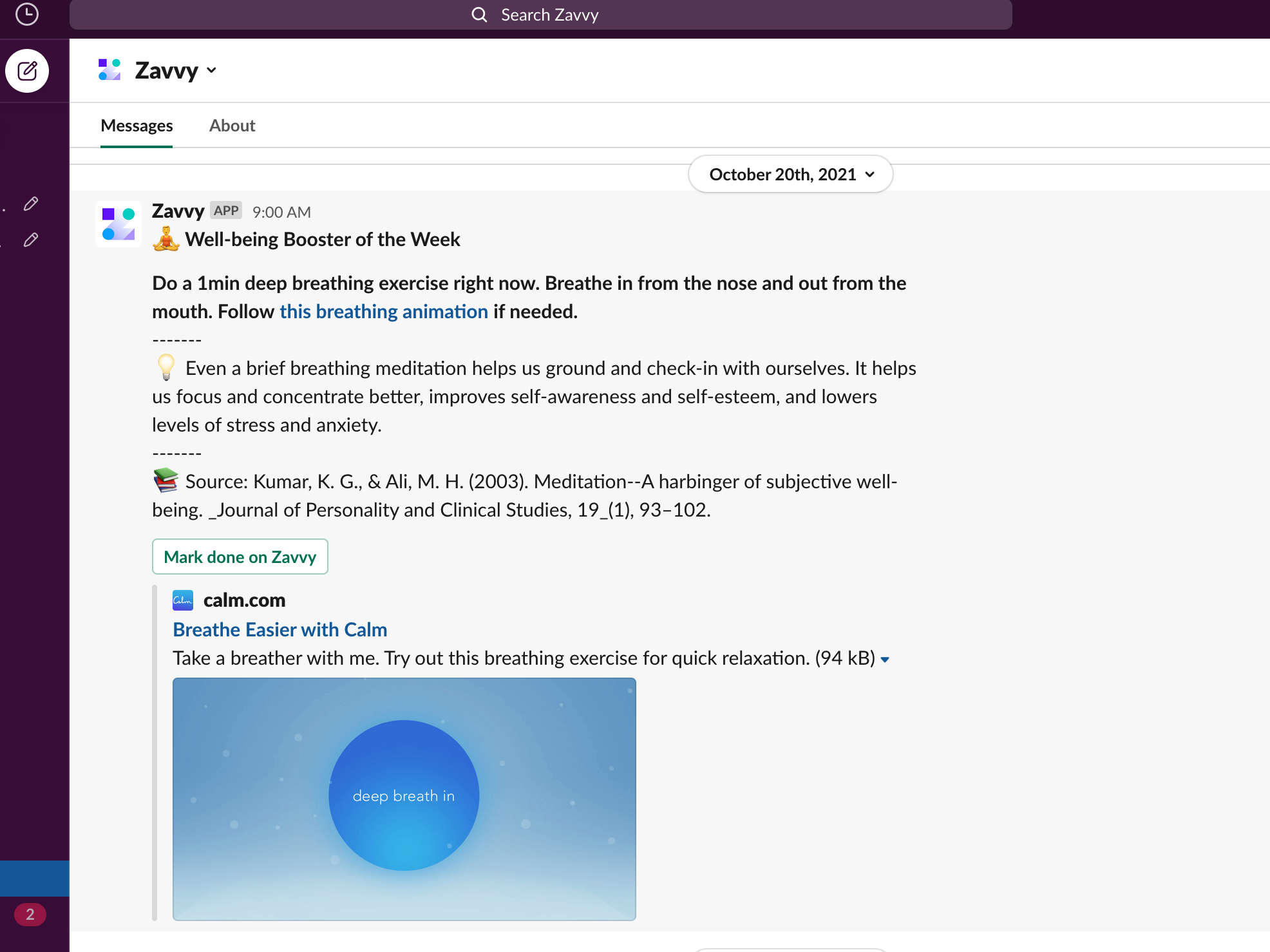 Wellbeing booster message sent via Slack