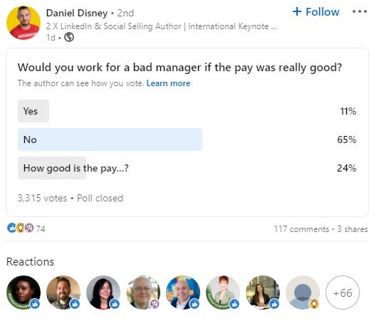 Daniel Disney's survey if people want to work for a bad manager. They don't