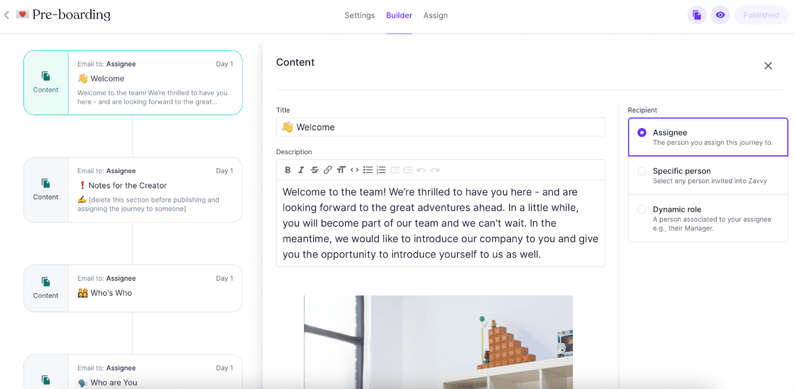 Zavvy's template for preboarding employee