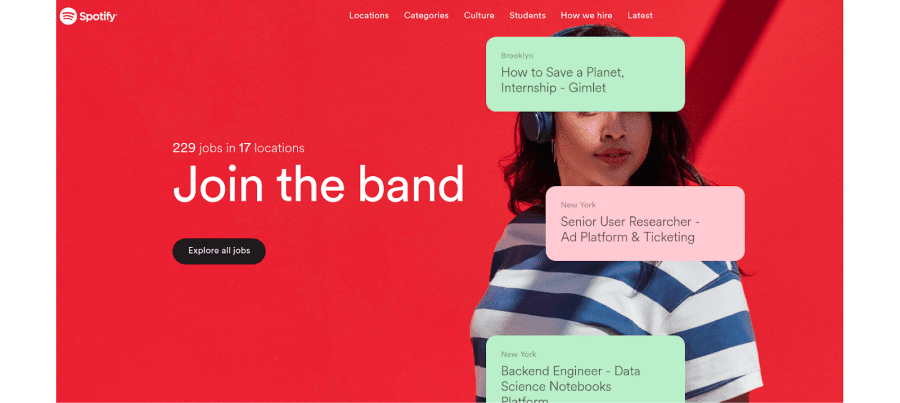 Karriereseite von Spotify als Beispiel von Employer Branding