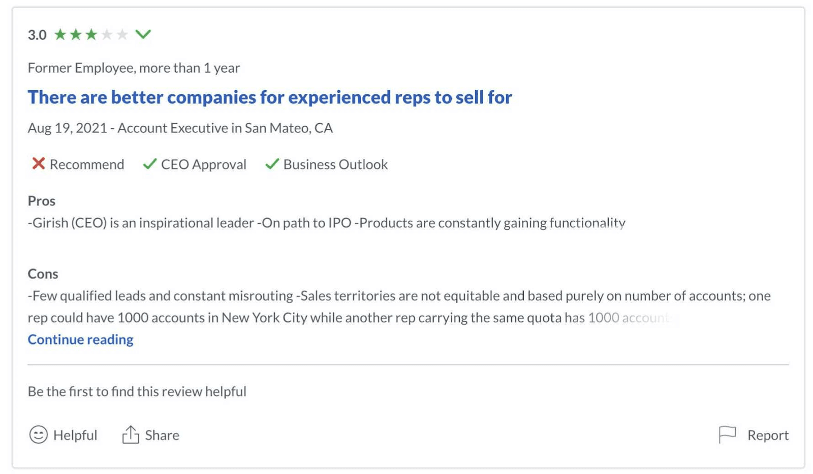 Glassdoor is also an example for a social media channel: Example of a bad (3/5) review by a former employee