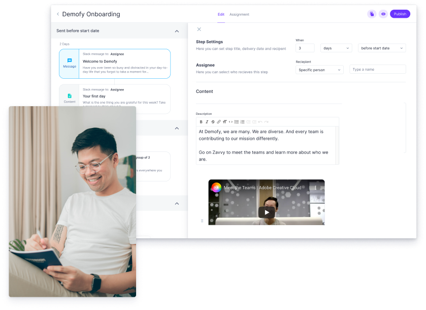 The employee onboarding software's automation capabilities allow for assignment tracking, automated sending out of messages, reminders, matching people with onboarding buddies, feedback collection, and more.