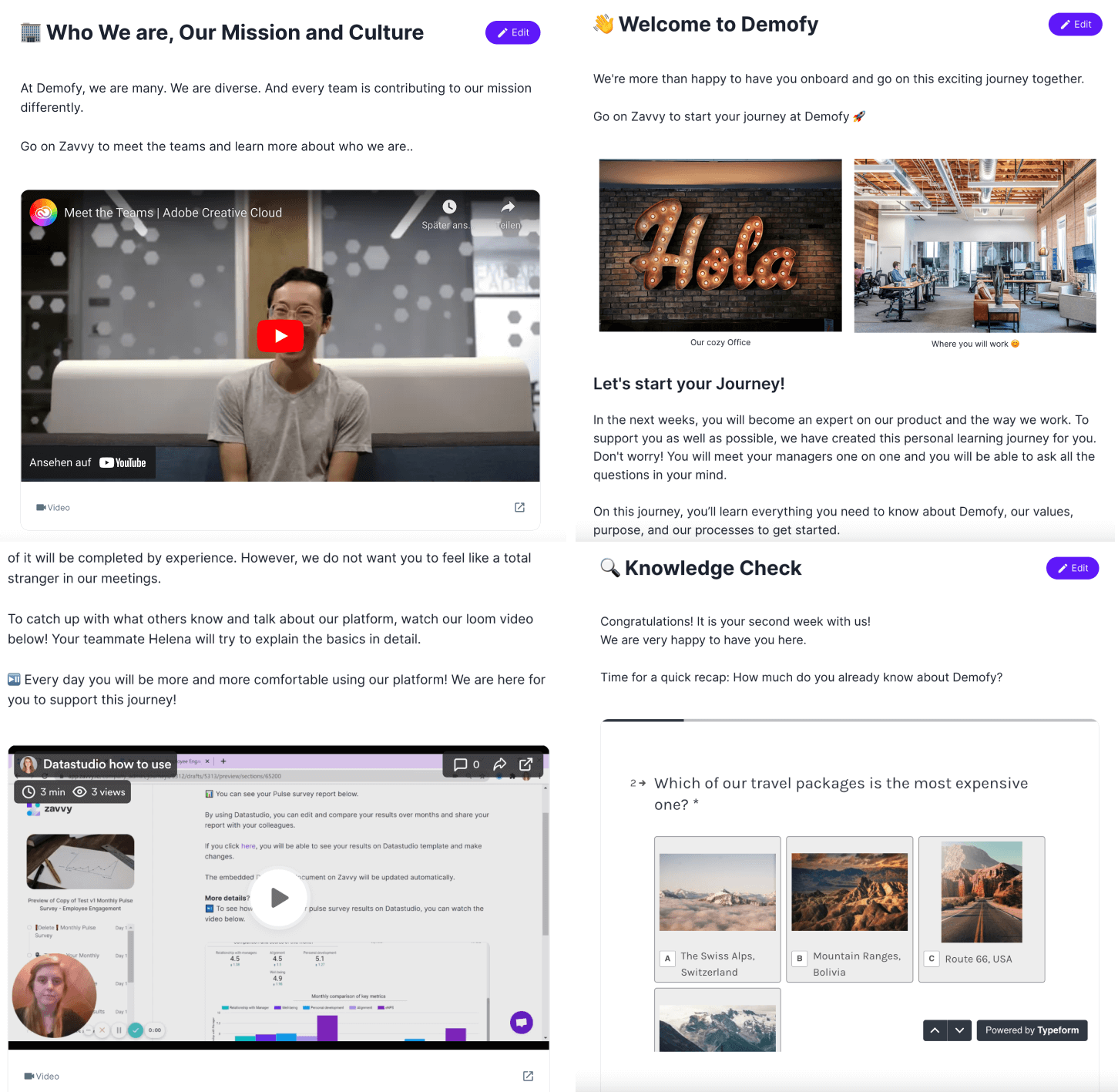 Zavvy rich content embeds: Examples for Youtube, images,Loom, and. Typeforma