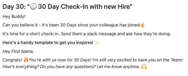 Sample message to send your onboarding buddies after 30 days