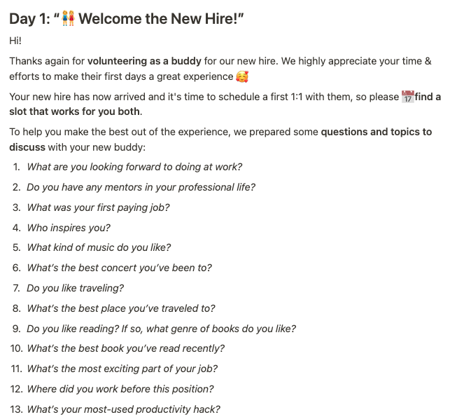Sample message to send new hire buddies on day 1