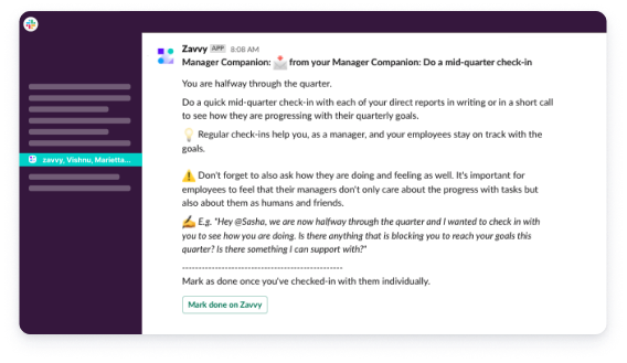 Zavvy's manager companion automatically reminds managers to talk to their employees, e.g. about their development plan