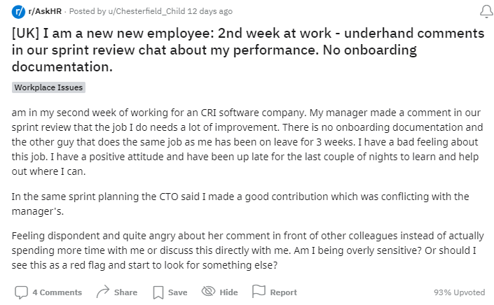 It's a screenshot of a frustrated employee complaining because his boss didn't give him proper onboarding documentation on how he reviews job performance.