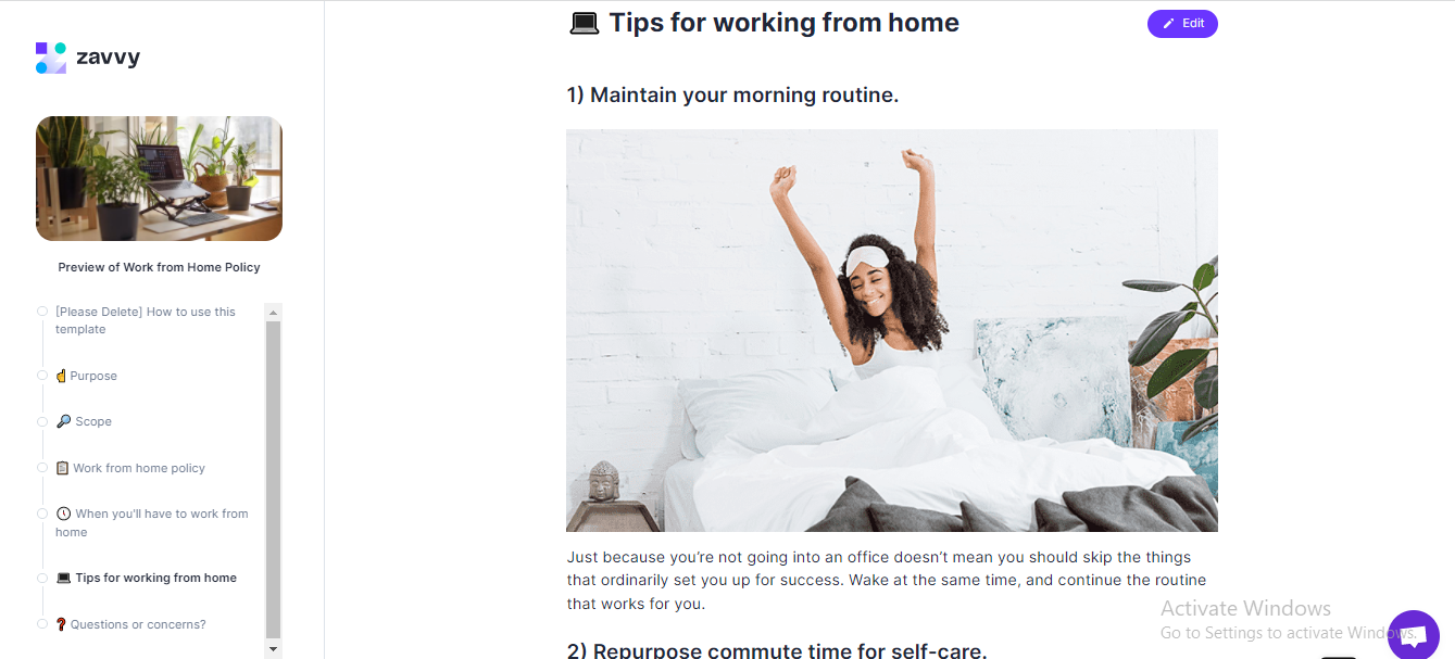 It's a screenshot of Zavvy's hybrid work policy template, there's a picture of a lady in a bed smiling while she has lifted her hands.