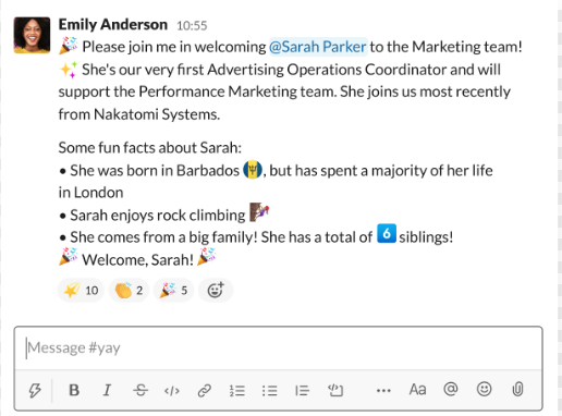 Team introduction sample via Slack