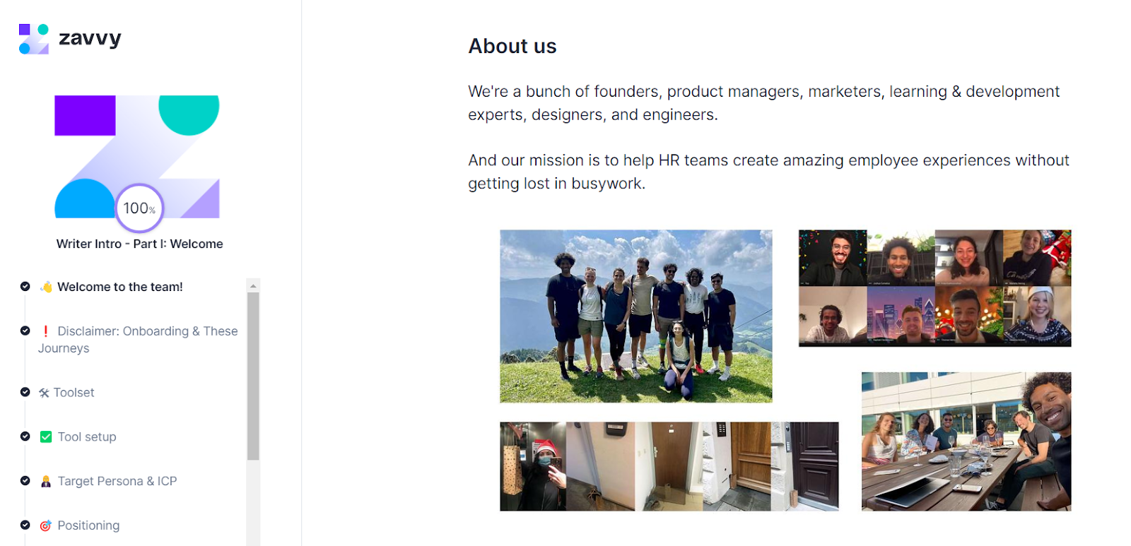 Employee onboarding: History and values section