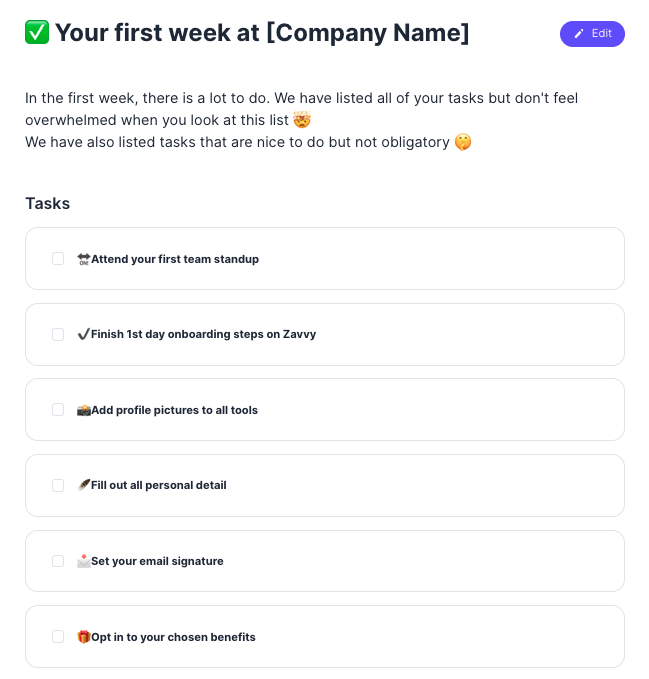 Deine erste Woche beim unternehmen: Taskliste auf Zavvy