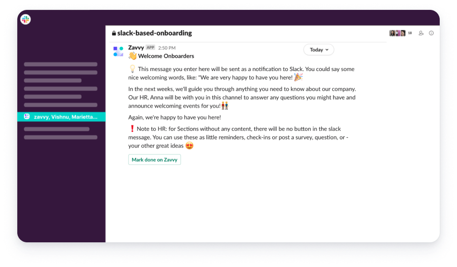 Slack based onboarding example from Zavvy