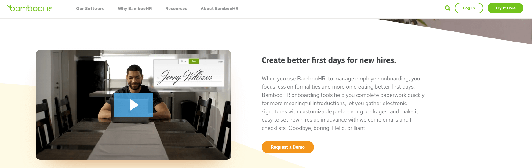 BambooHR landing page for onboarding
