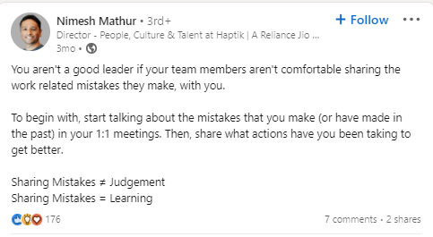 Twitter quote on 1:1s by Nimes Mathur, Director People and Culture at Haptik