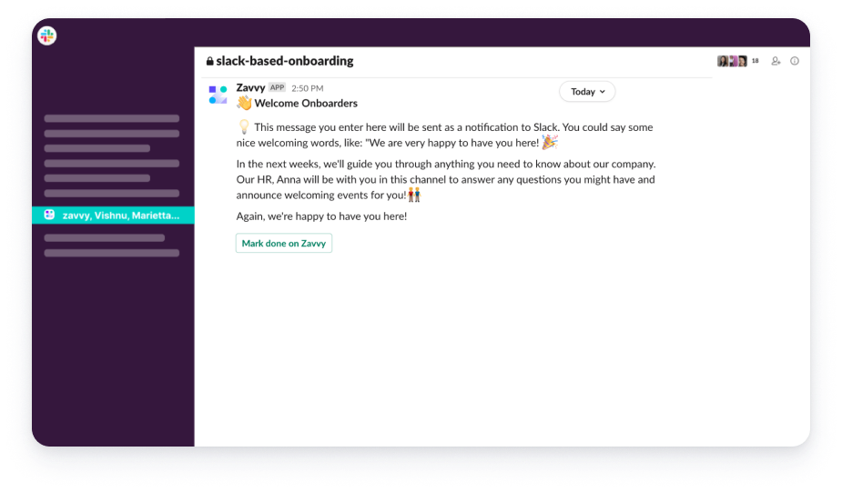 Zavvy via Slack for onboarding