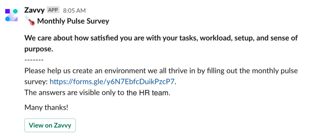 Monatliche Stimmungsbarometerumfrage, die über zavvy auf Slack versendet wird