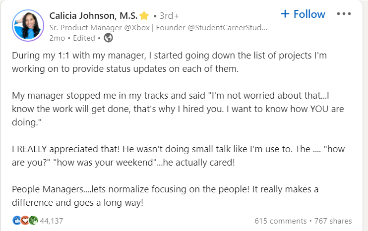 Calicia Johnson quote on 1:1 meetings - Linkedin