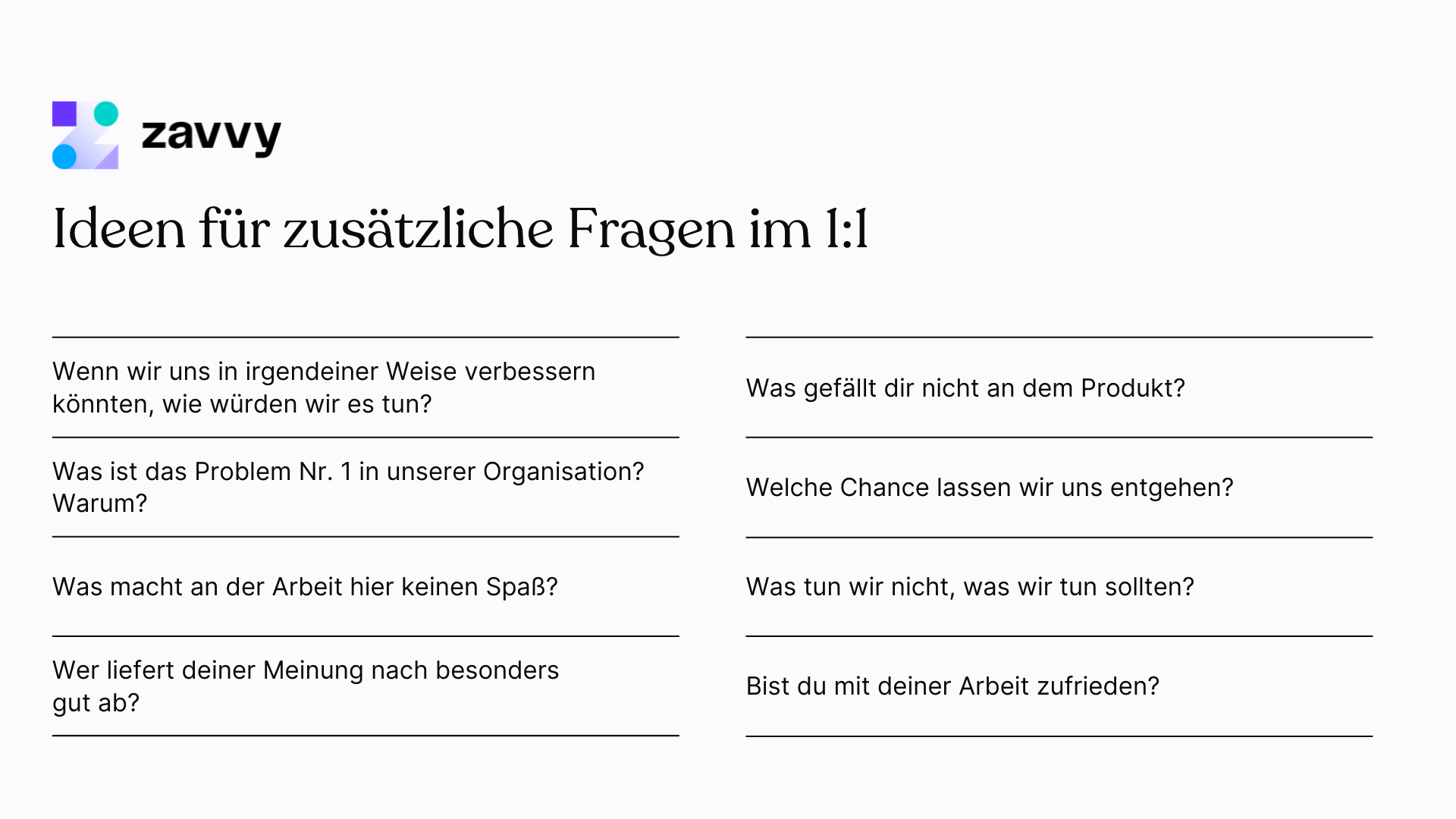 Ideen für Fragen während des one on one Meetings