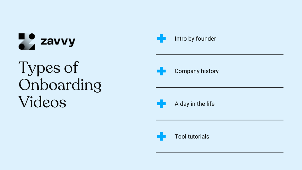 Types of onboarding videos - intro by founder, company history, a day in the life, tool tutorials