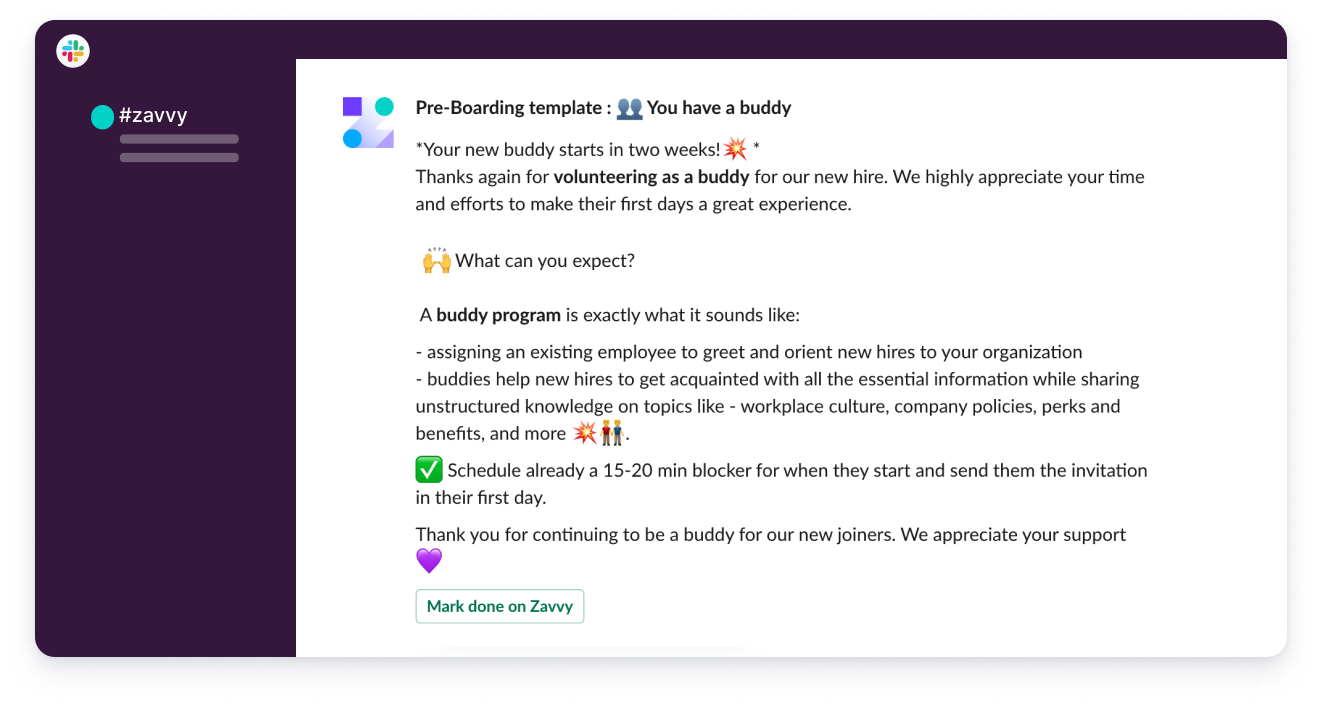 Slack message to onboarding buddy during preboarding