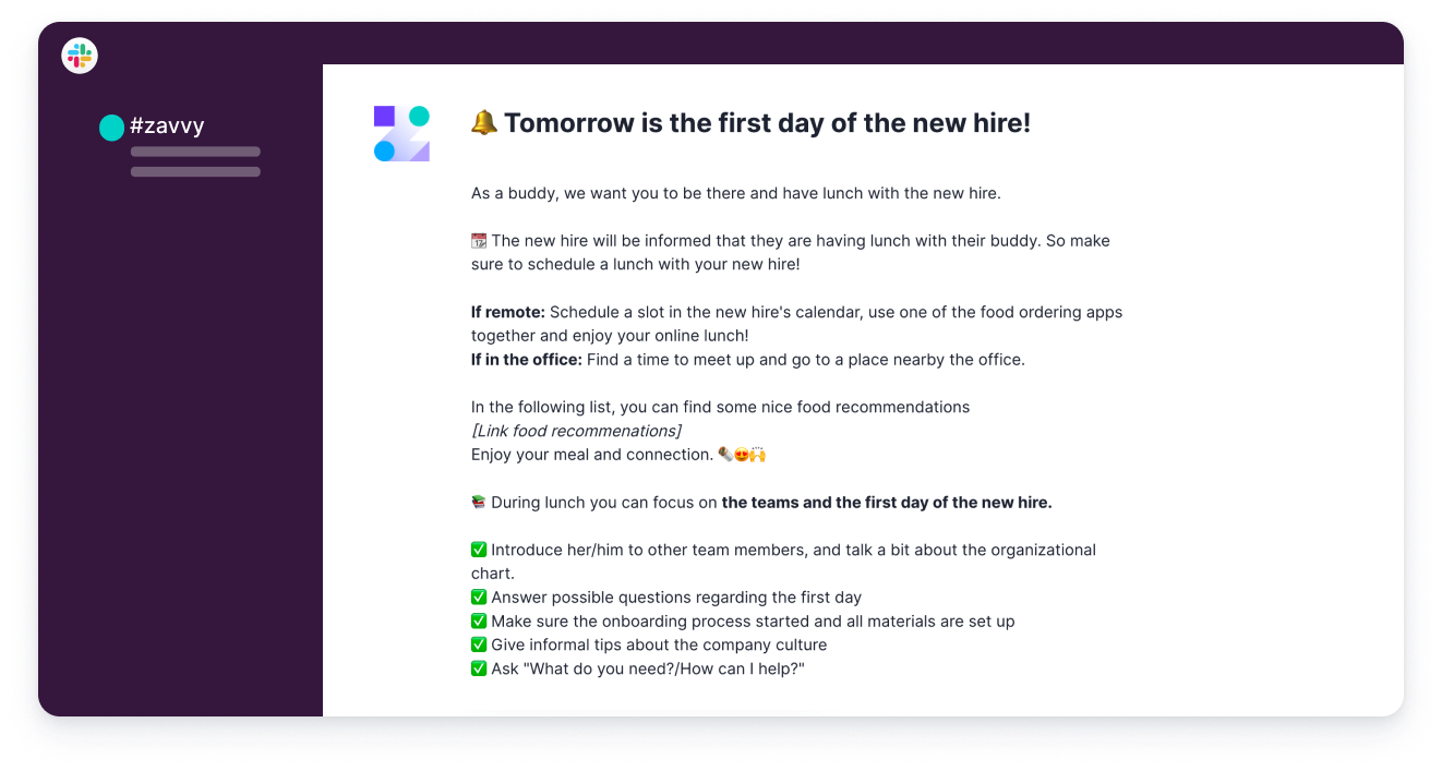 Slack message for onboarding buddies