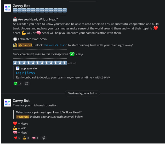 Slack learning nudges delivered by Zavvy