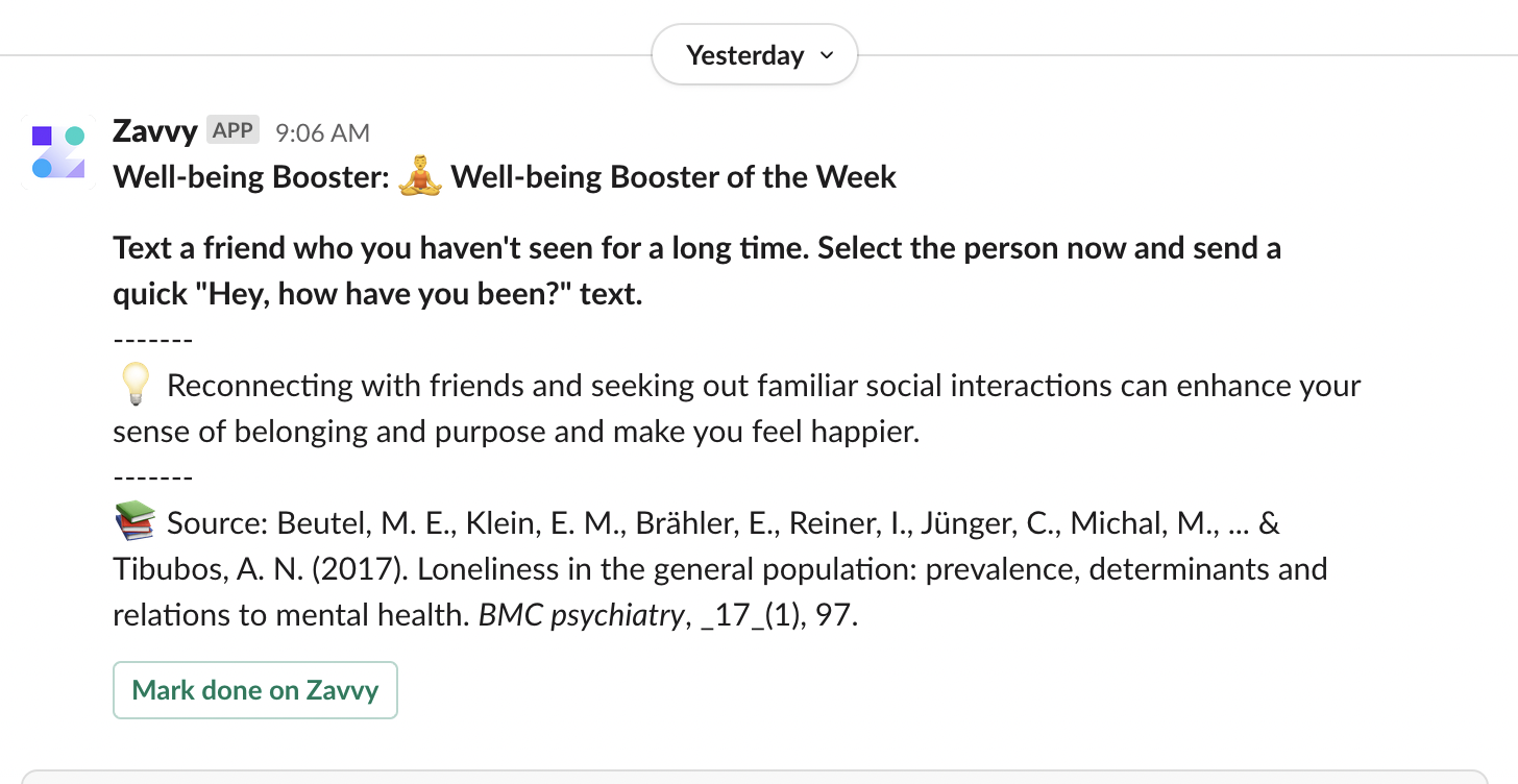 Zavvy's Well-being Booster weekly messages sent via Slack