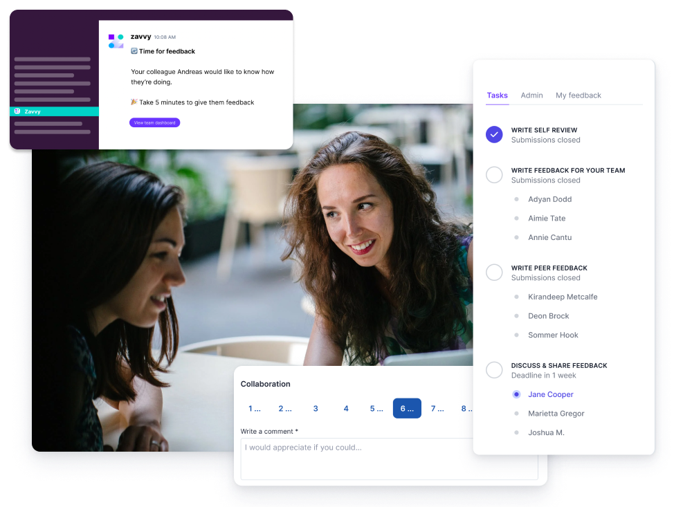 Sample 360 feedback process from the view of an employee in Zavvy's software.