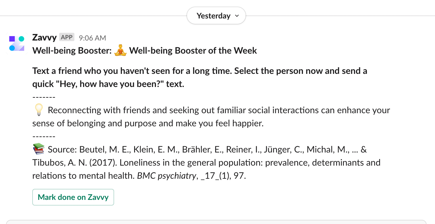 Zavvy's Well-being Booster weekly messages sent via Slack
