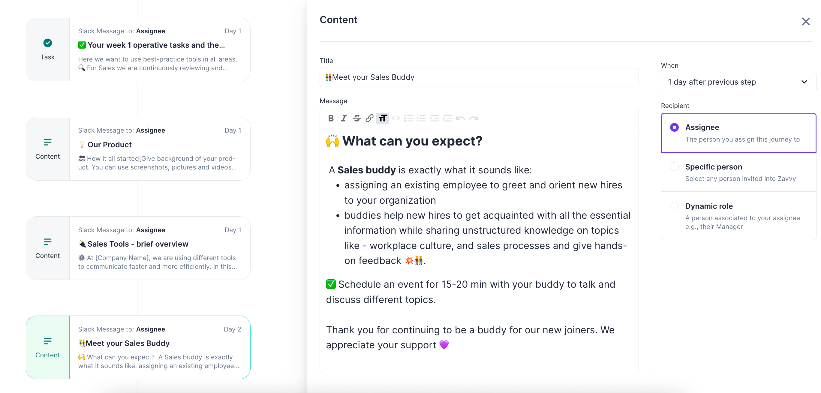 Workflow sample, Sales Onboarding Journey on Zavvy